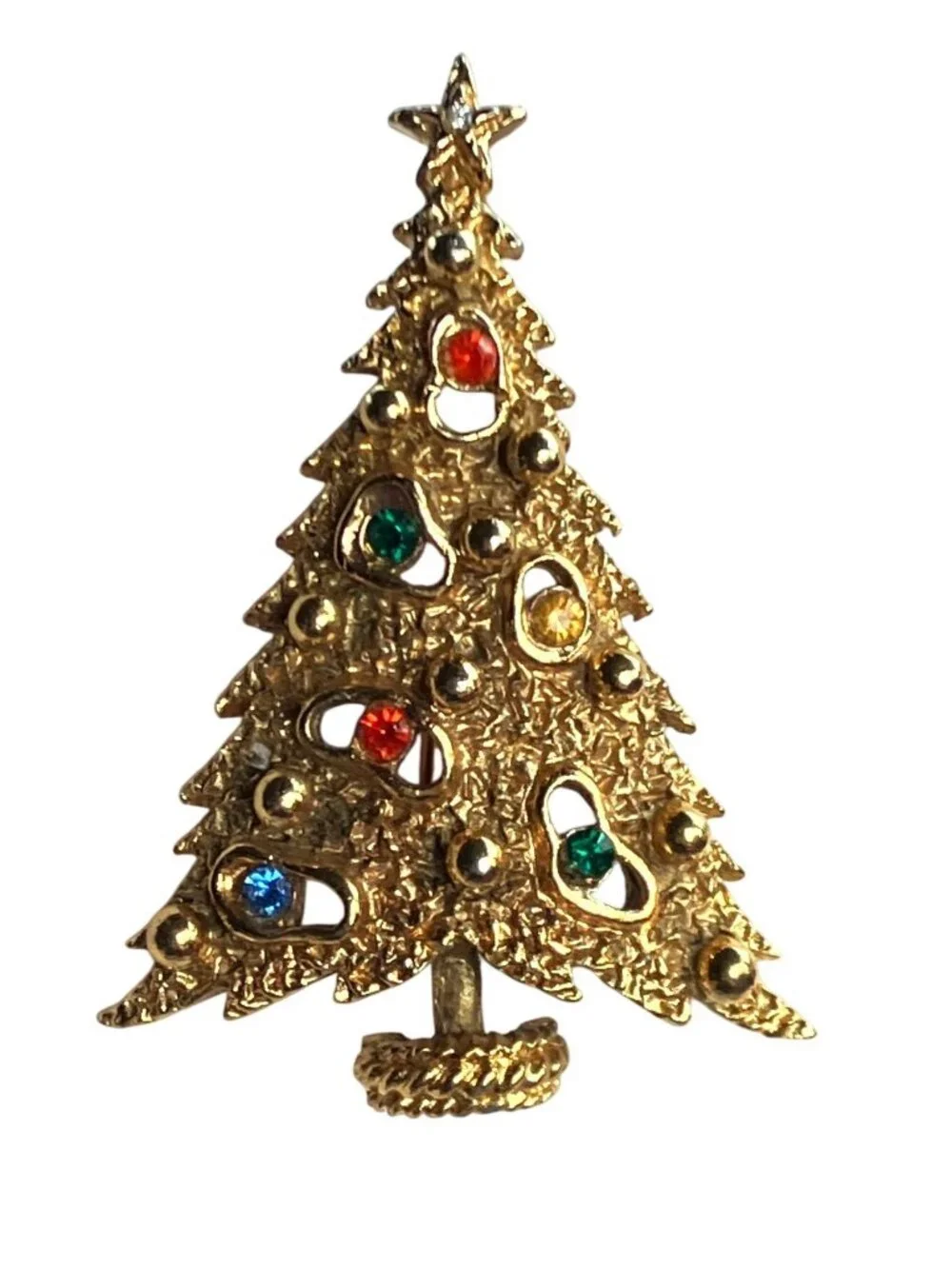 Gold Tone Christmas Tree Pin Brooch Multicolor Rhinestones Star Accent Signed